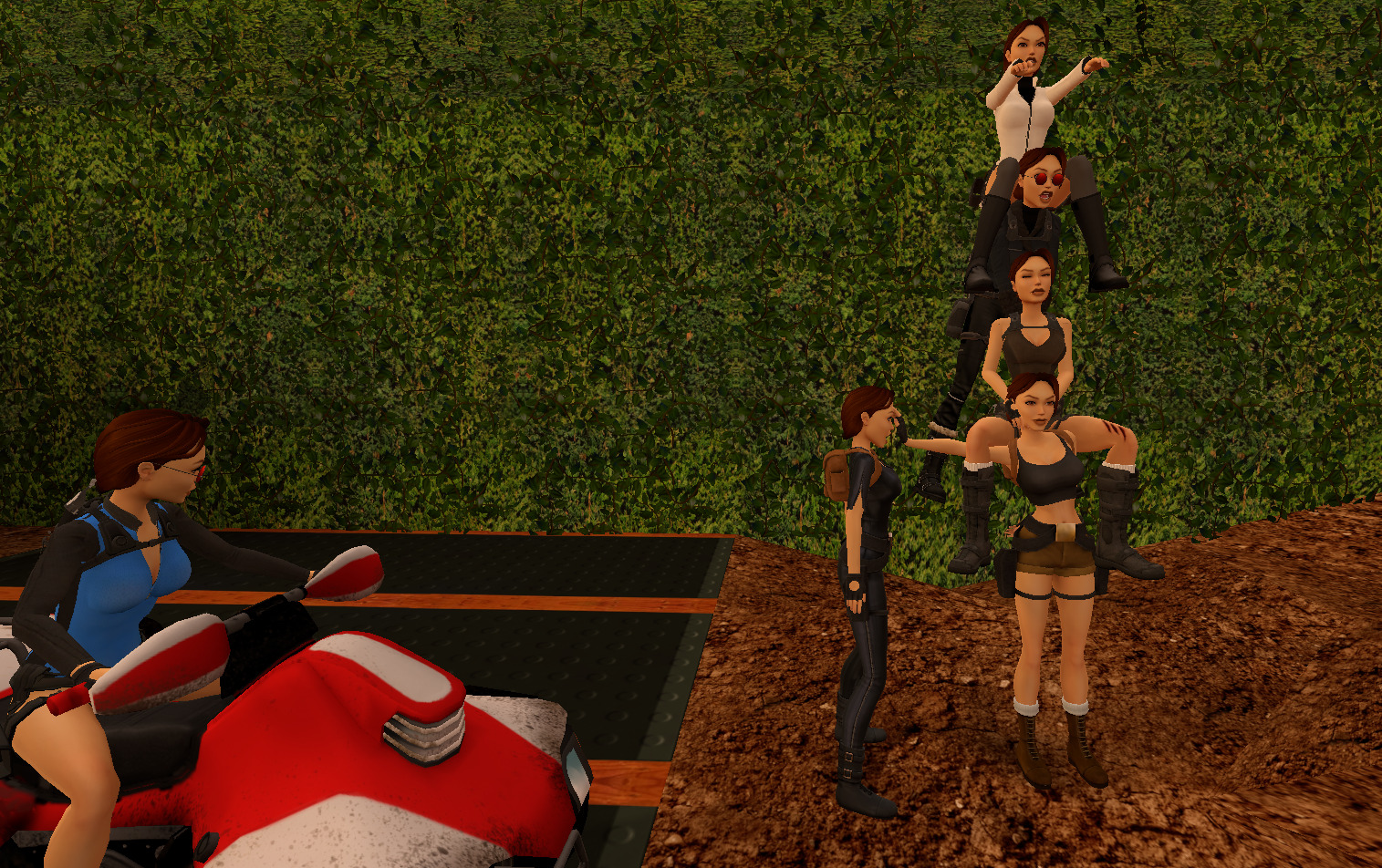 Screenshot of many Lara Crofts in Multiplayer making a Lara Tower in Photo Mode