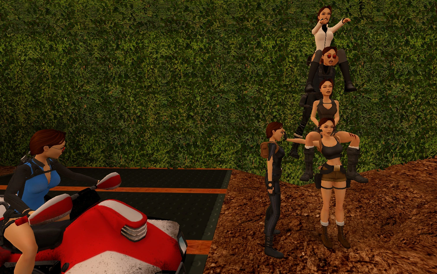 Screenshot of many Lara Crofts in Multiplayer making a Lara Tower in Photo Mode