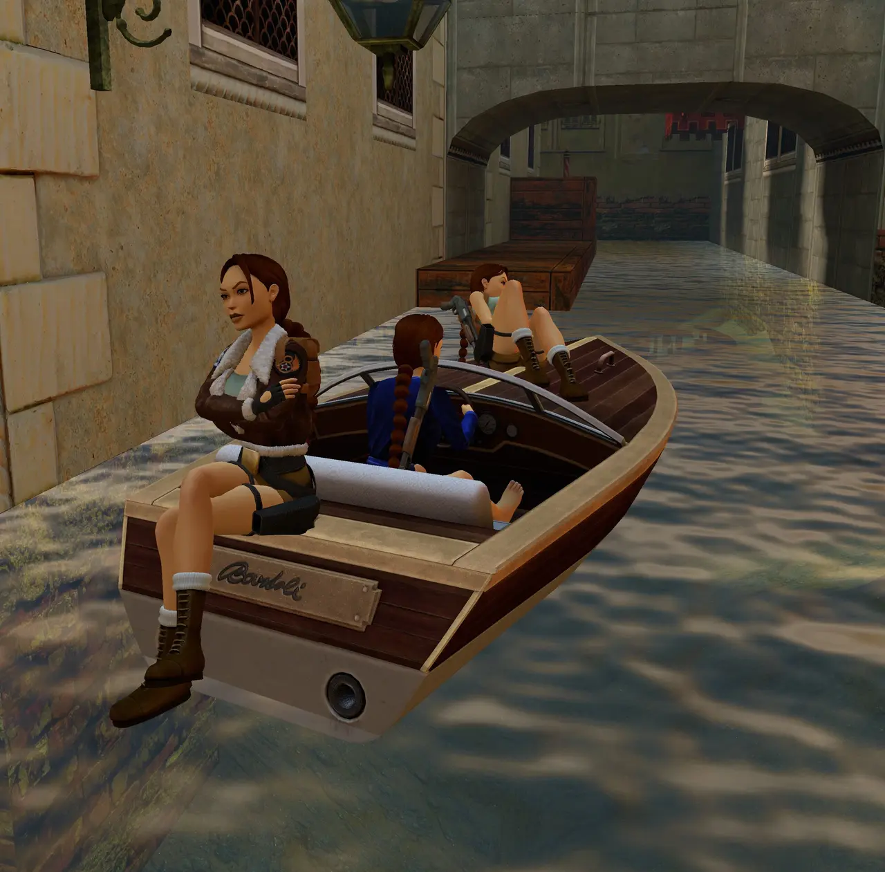 Three Laras posing by the canal in Venice TR2 Multiplayer