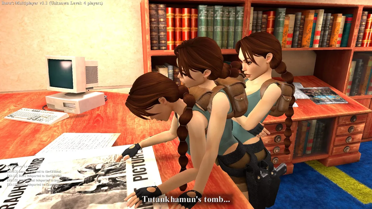 Three Laras posing in Croft Manor library