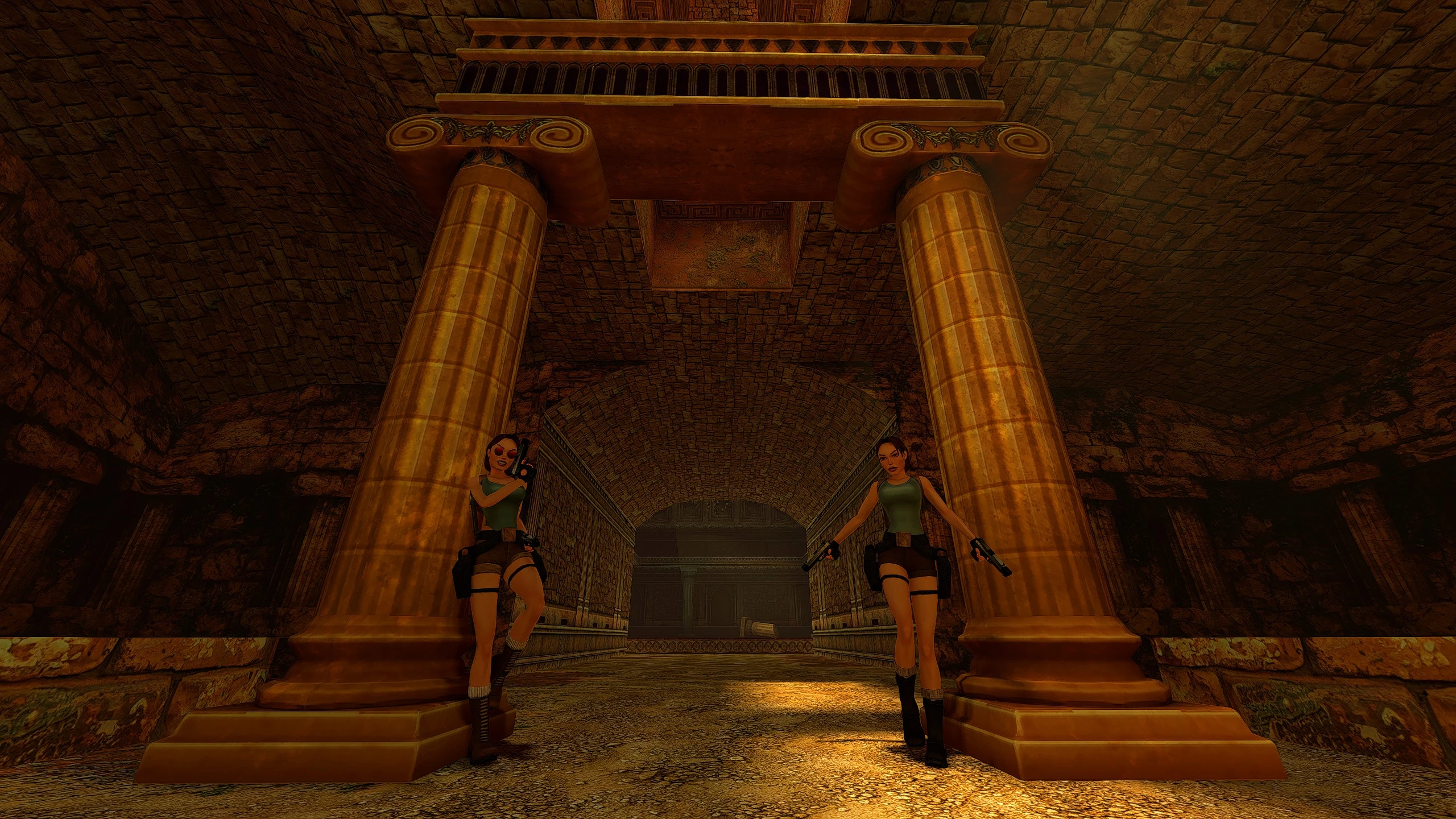 Two Laras posing in front of Palace of Midas pillars