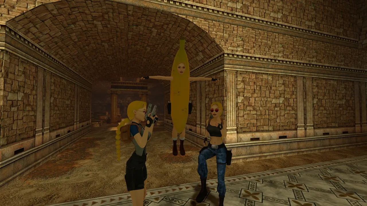 Banana costume crucify pose at Palace of Midas TR1 Multiplayer