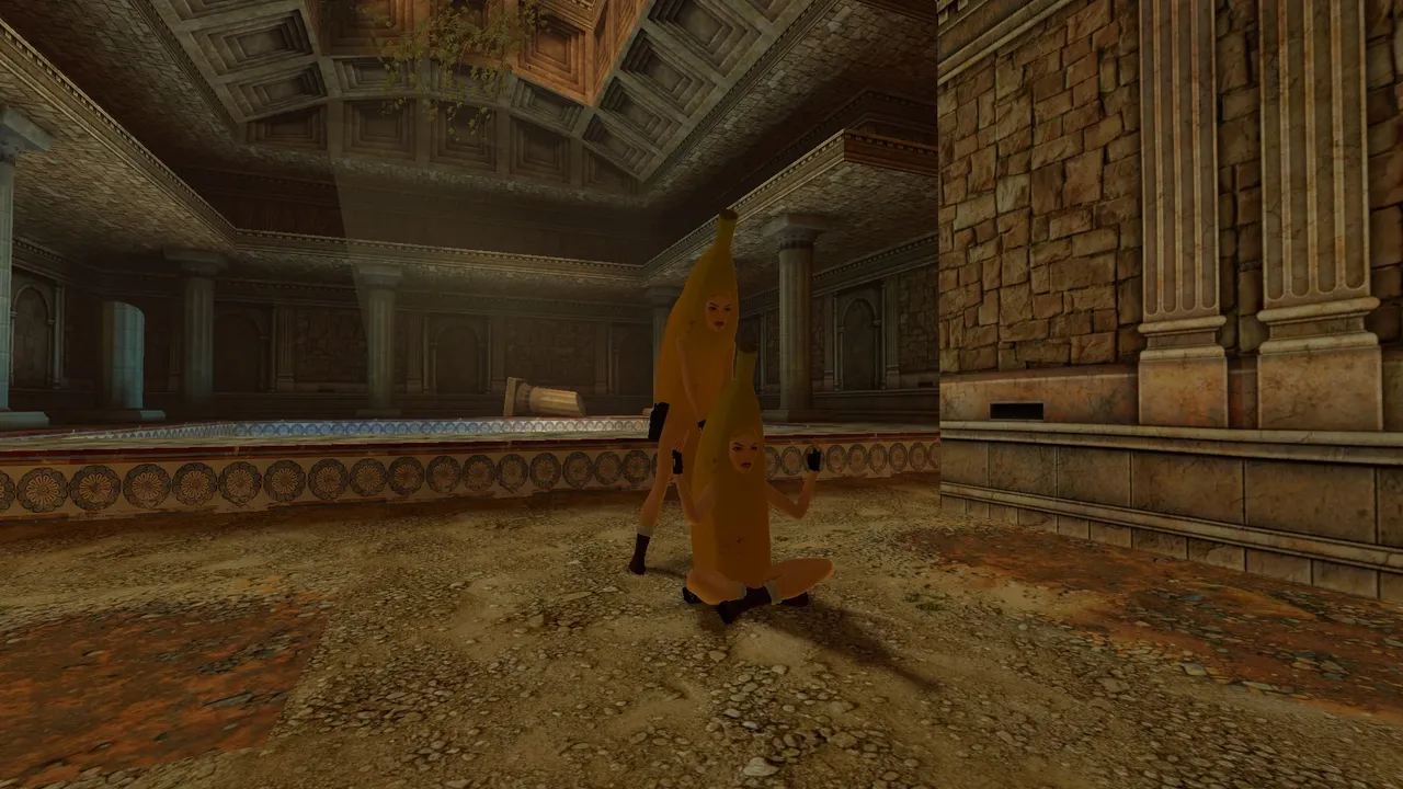 Two banana costume Laras at Palace of Midas TR1 Multiplayer