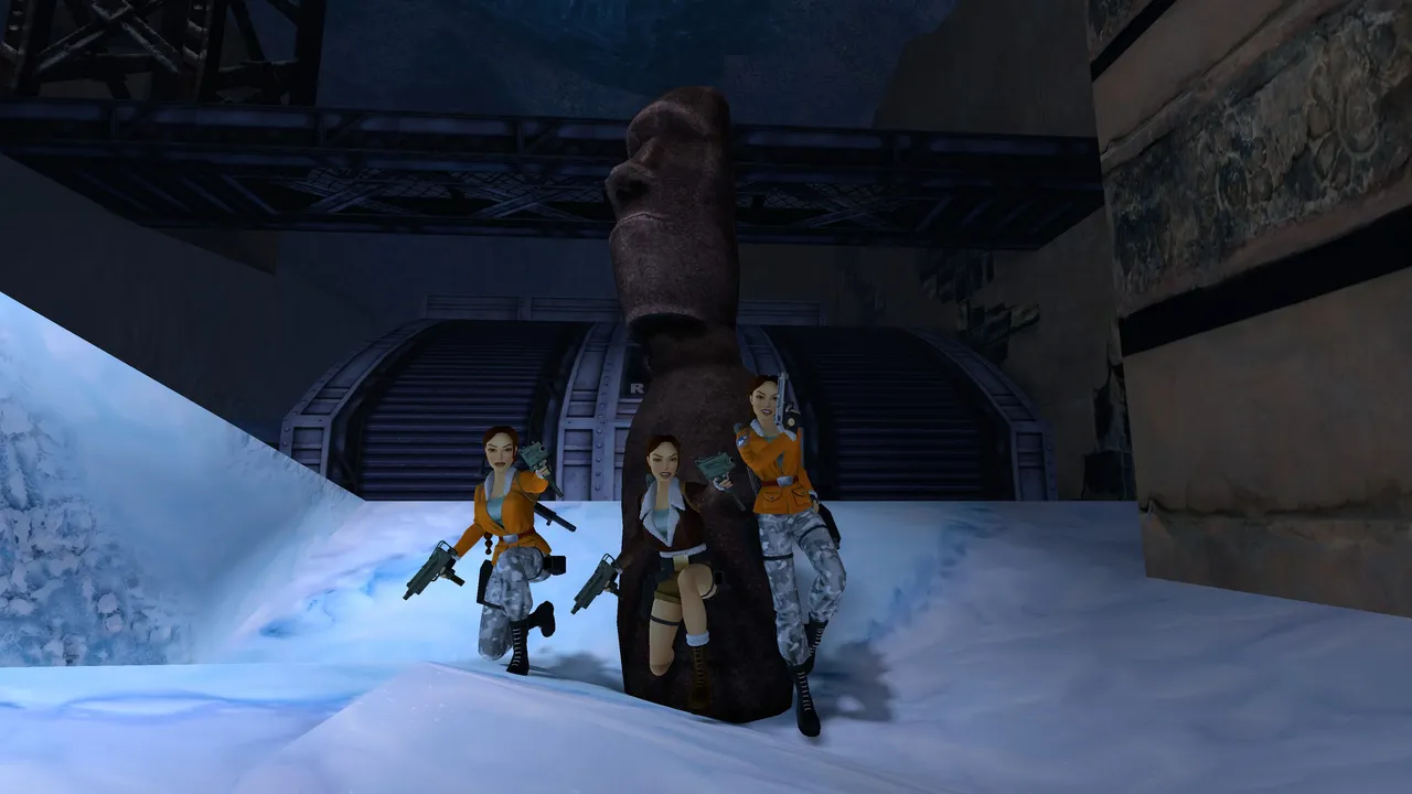 Three Laras with Moai statue in Antarctica TR3 Multiplayer