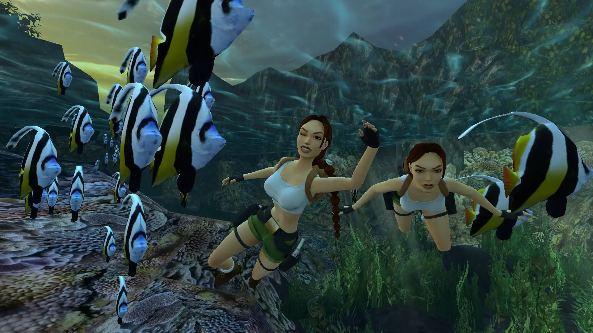 Two Laras swimming with the fishes