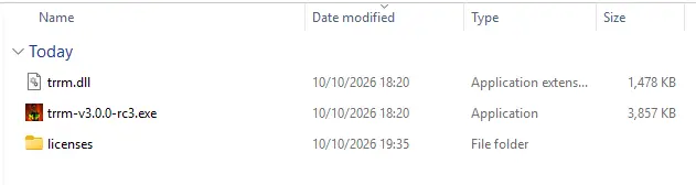 The extracted folder in Explorer with trrm.dll, the launcher exe and the licenses folder