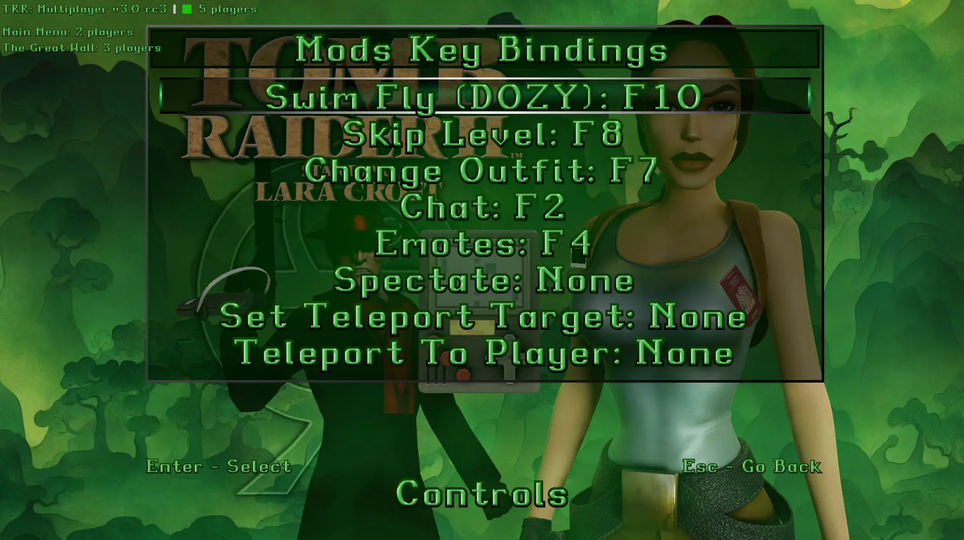 The Mods Key Bindings page with its eight rows