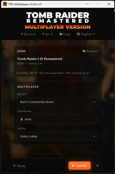 The launcher main page with the game found, Burn's Community Server, a username and Public Lobby