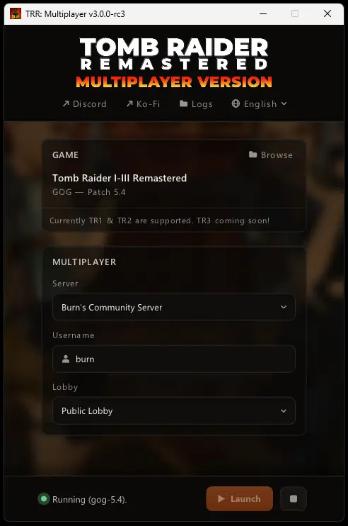 The launcher after Launch, the status reading Running with the dot lit