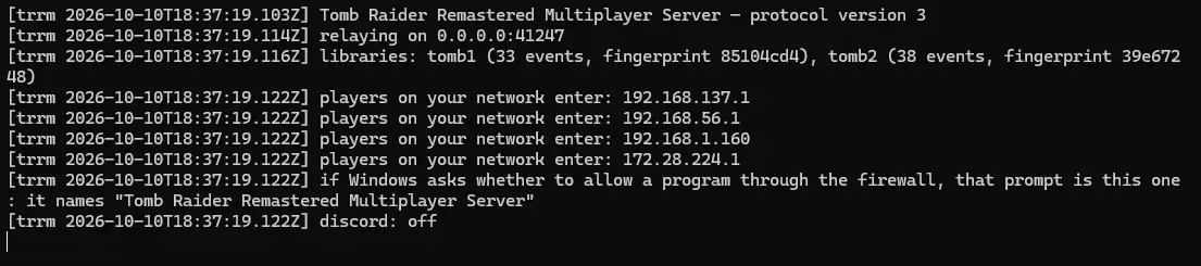 The server console window after starting, with the port and the addresses to give your friends