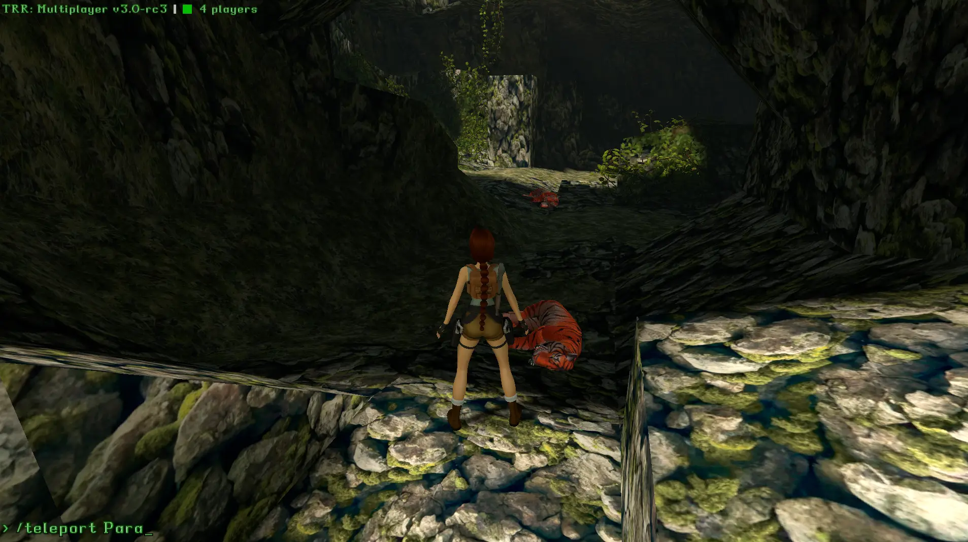 The chat box open with a teleport command typed in